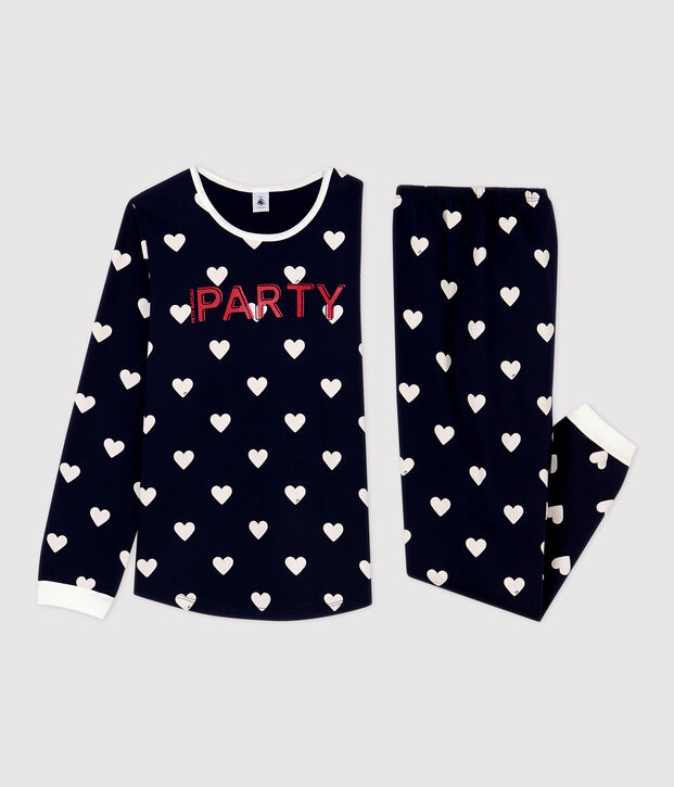 Pyjama imprim&eacute; c&oelig;urs fille/gar&ccedil;on en molleton bleu/blanc